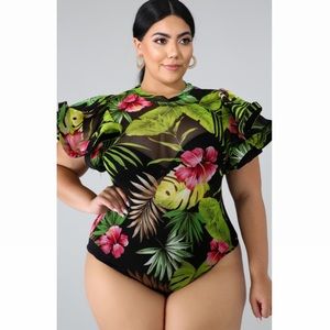 Tropical Sheer Bodysuit With Ruffle Sleeves 😍😍